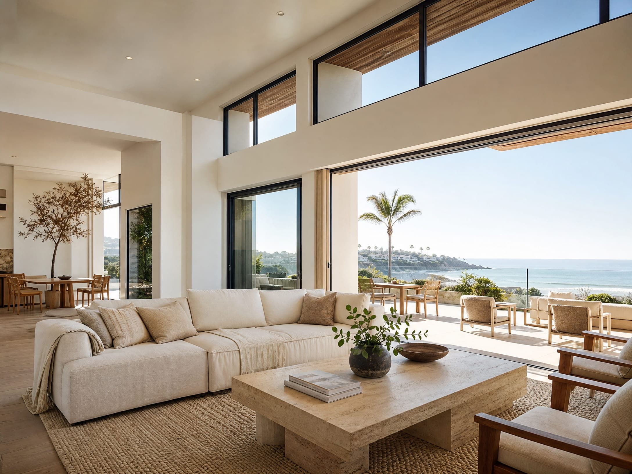 Light-filled luxury living room overlooking the Southern California coast